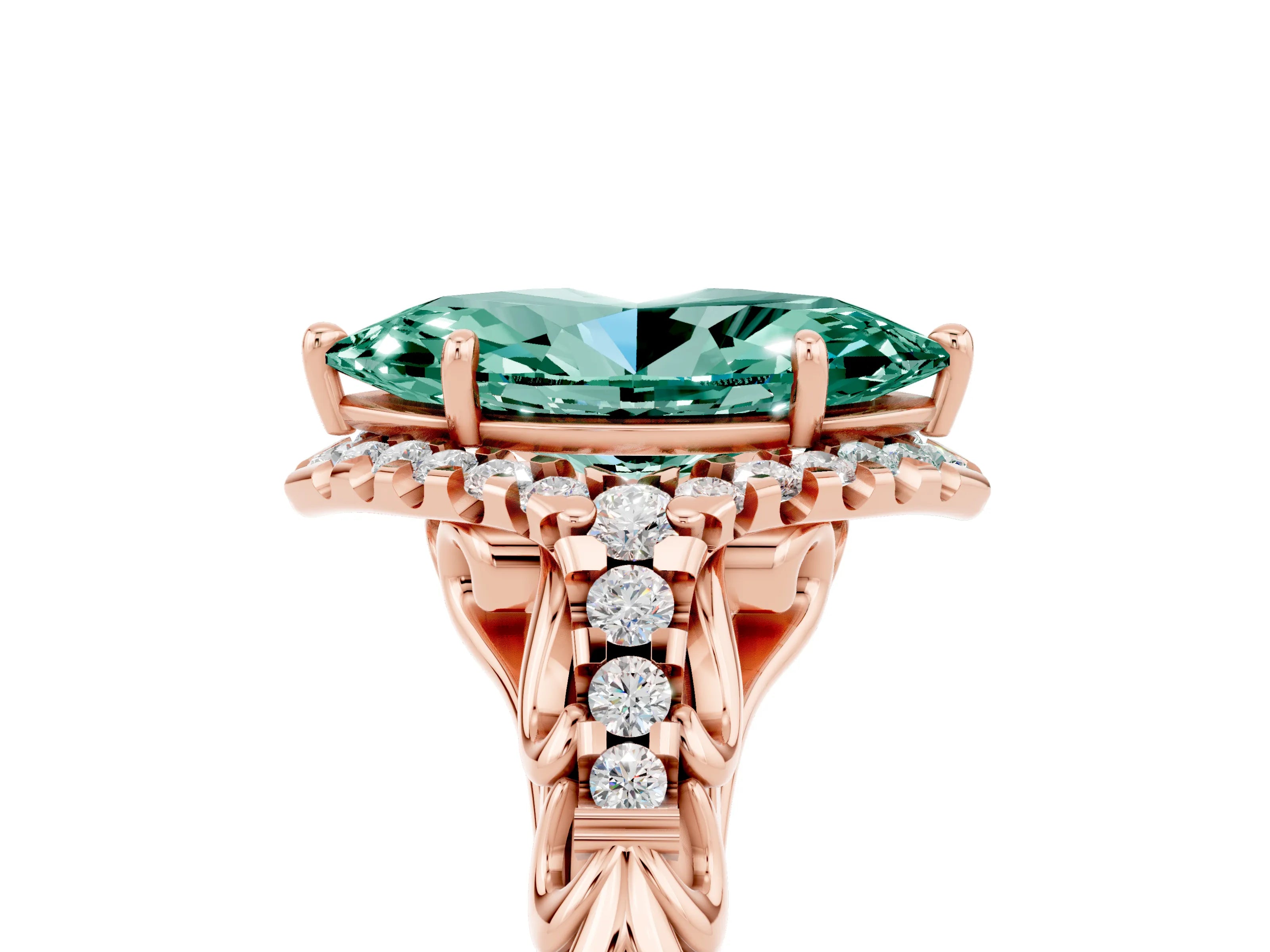 Rose gold Marquise Cut Green Sapphire Solitaire Ring with Hidden Halo and Pavé Band_17