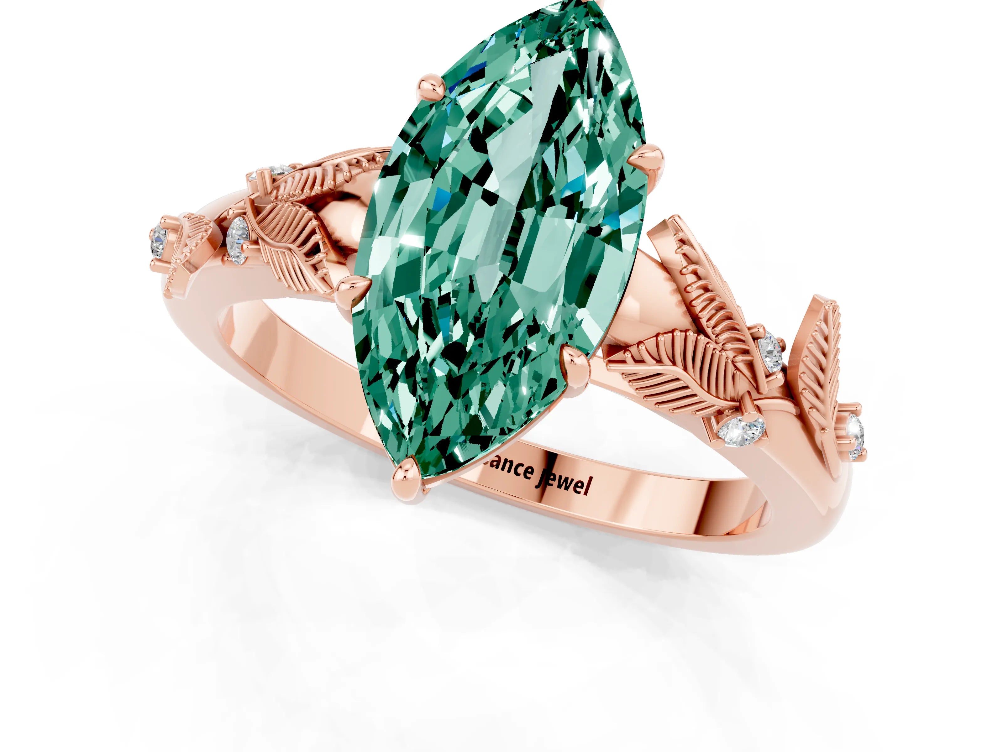 Rose gold Marquise Cut Green Sapphire Solitaire Ring with Leaf Motif Band and Four-Prong Setting_1