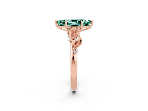 Rose gold Marquise Cut Green Sapphire Solitaire Ring with Leaf Motif Band and Four-Prong Setting_2