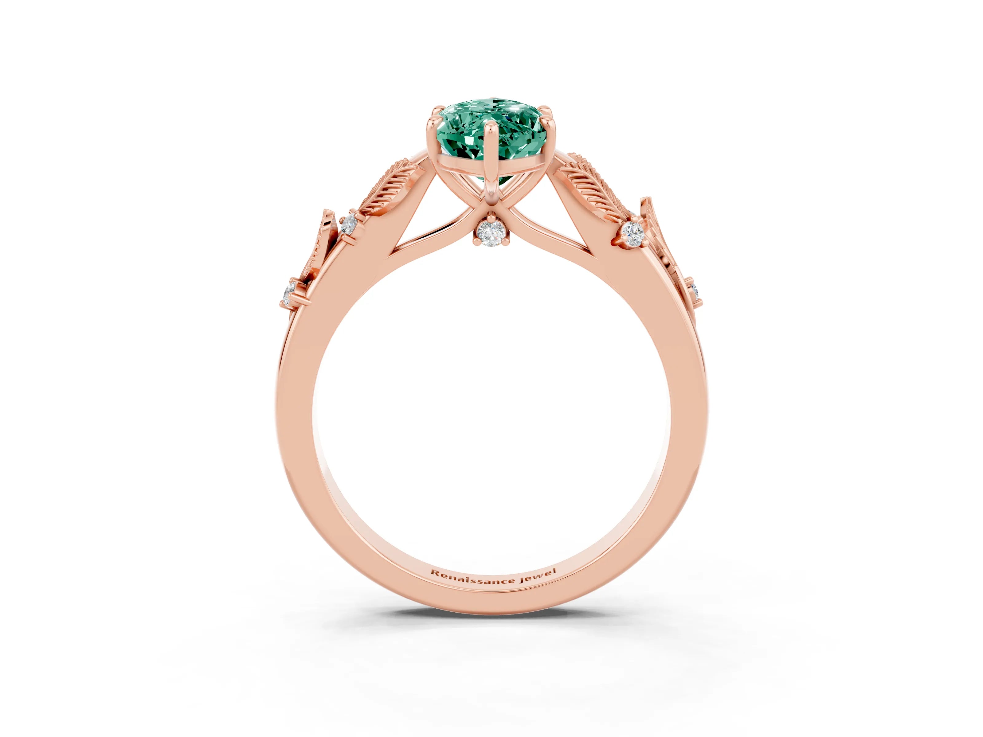 Rose gold Marquise Cut Green Sapphire Solitaire Ring with Leaf Motif Band and Four-Prong Setting_3