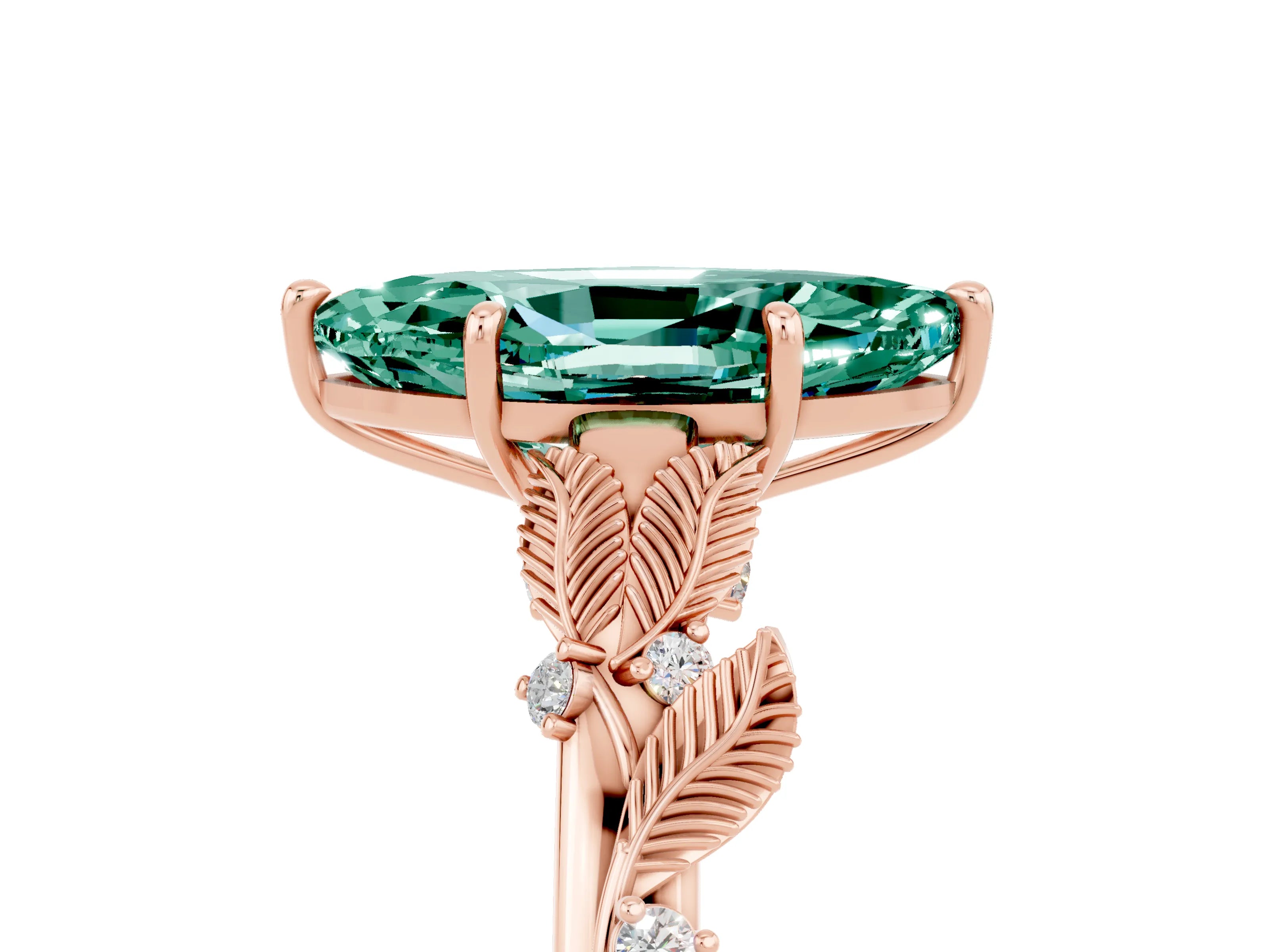 Rose gold Marquise Cut Green Sapphire Solitaire Ring with Leaf Motif Band and Four-Prong Setting_5