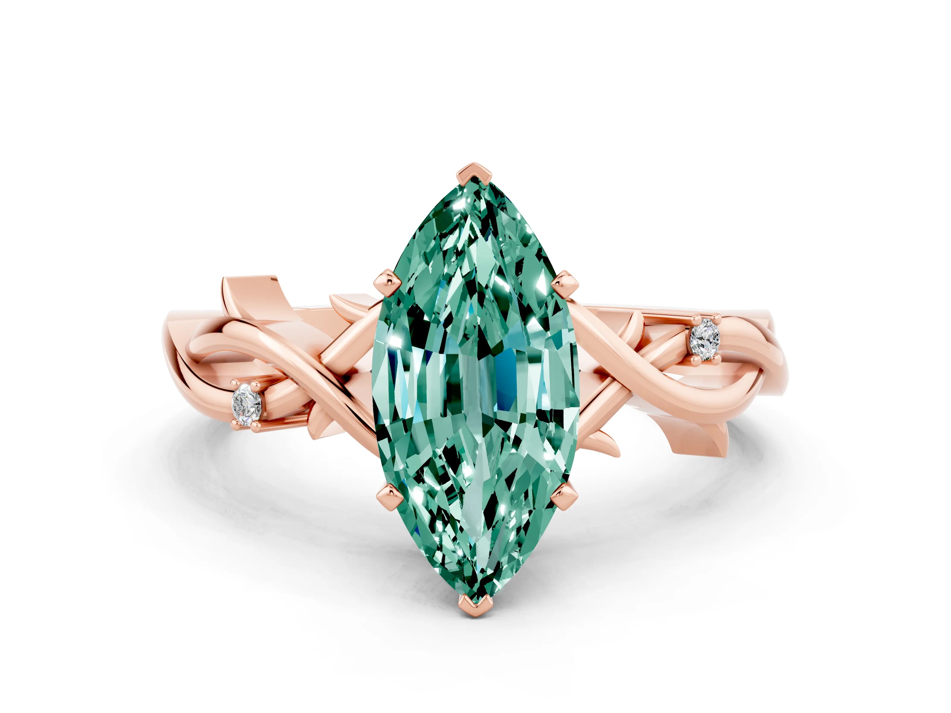 Rose gold Marquise Cut Green Sapphire Solitaire Ring with Milgrain Pavé Band and Four-Prong Setting_12
