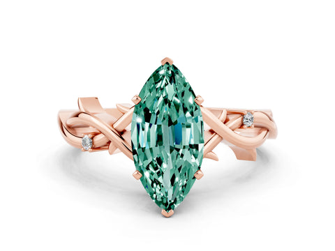 Rose gold Marquise Cut Green Sapphire Solitaire Ring with Milgrain Pavé Band and Four-Prong Setting_12