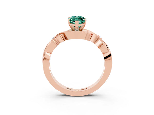 Rose gold Marquise Cut Green Sapphire Solitaire Ring with Milgrain Pavé Band and Four-Prong Setting