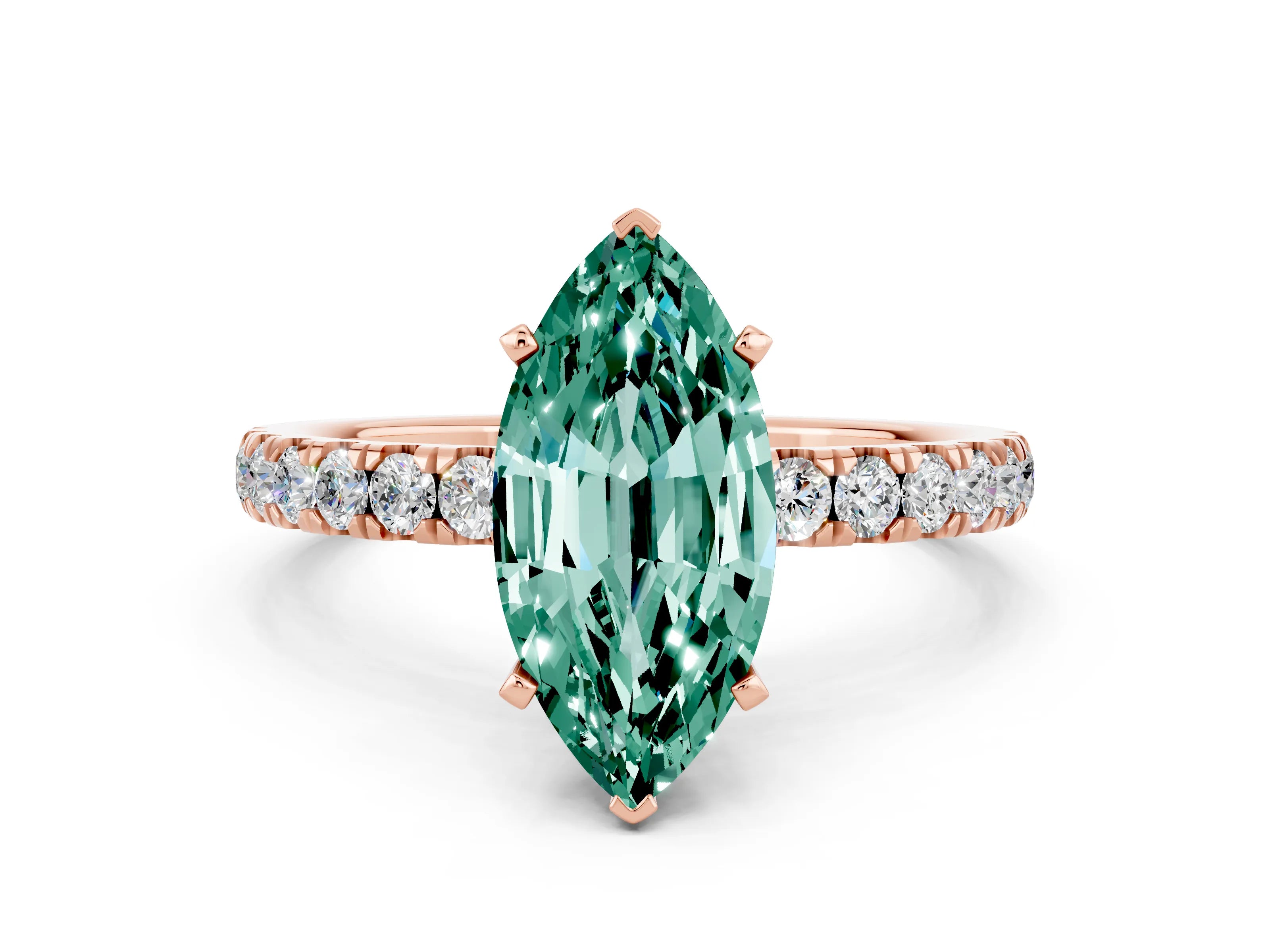Rose gold Marquise Cut Green Sapphire Solitaire Ring with Pavé Accents and Four-Prong Setting