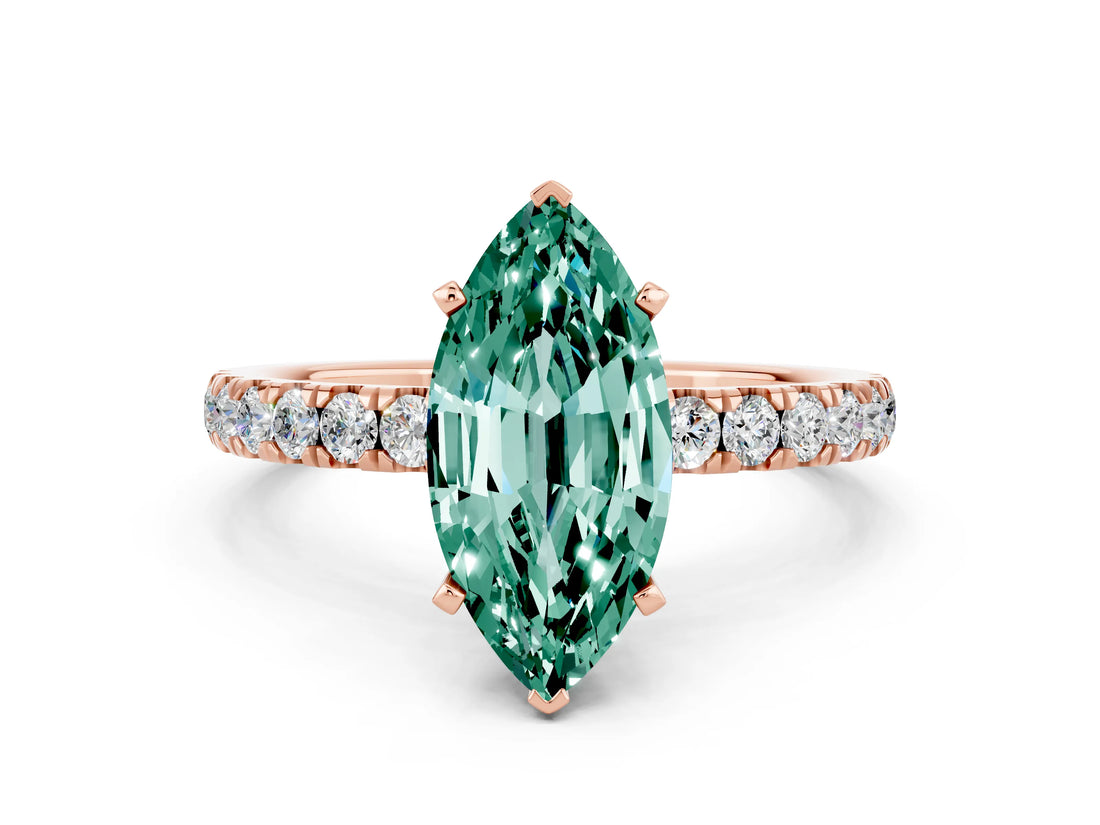 Rose gold Marquise Cut Green Sapphire Solitaire Ring with Pavé Accents and Four-Prong Setting
