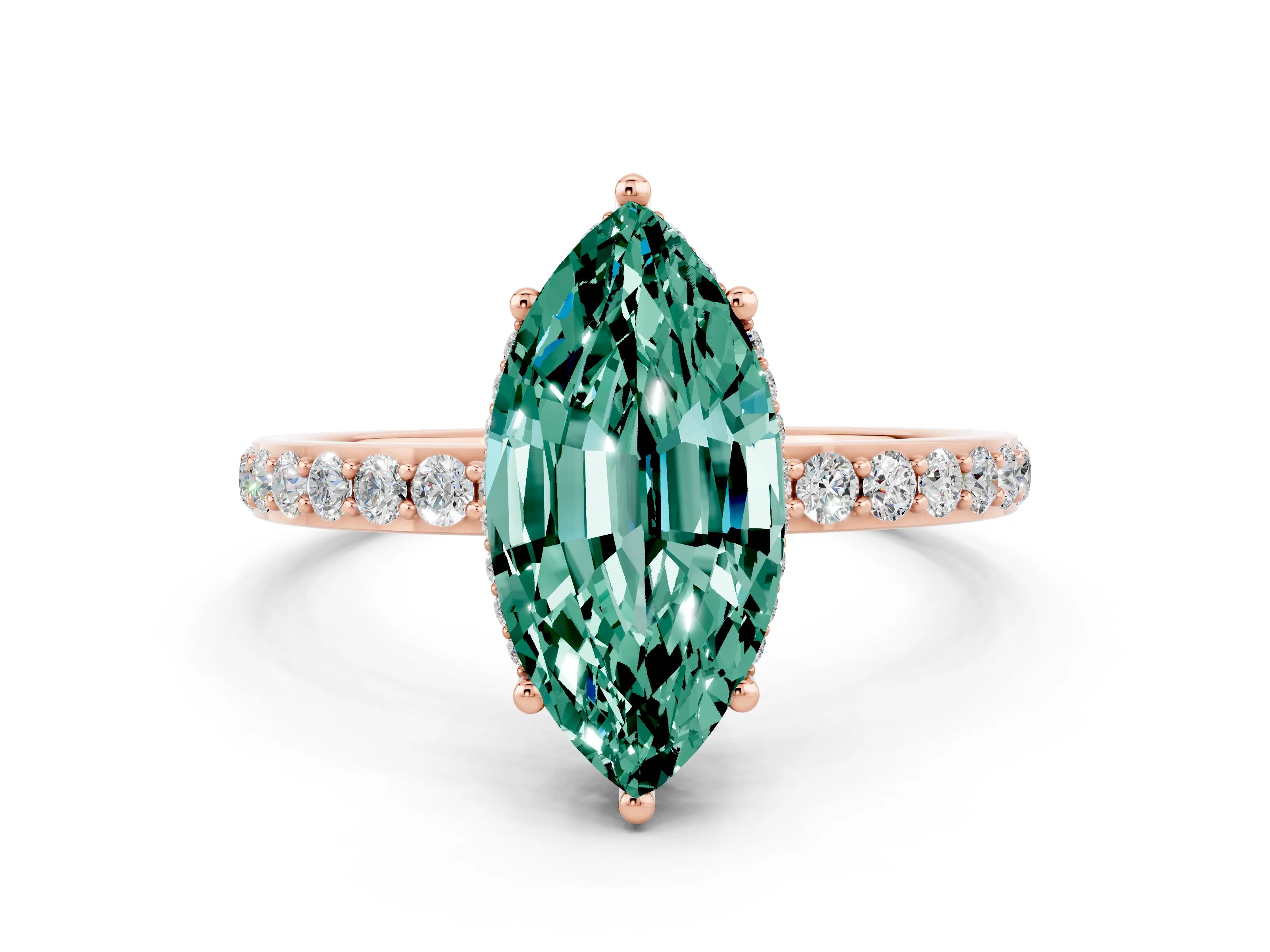 Rose gold Marquise Cut Green Sapphire Solitaire Ring with Pavé Band and Hidden Halo_12