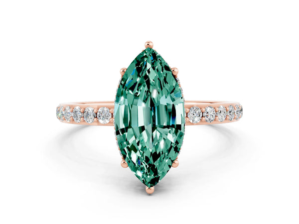 Rose gold Marquise Cut Green Sapphire Solitaire Ring with Pavé Band and Hidden Halo