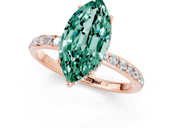 Rose gold Marquise Cut Green Sapphire Solitaire Ring with Pavé Band and Hidden Halo