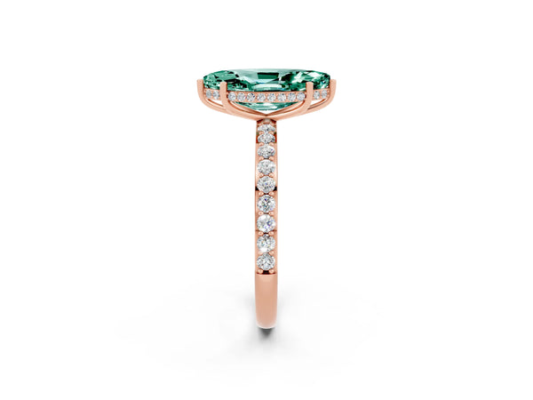 Rose gold Marquise Cut Green Sapphire Solitaire Ring with Pavé Band and Hidden Halo