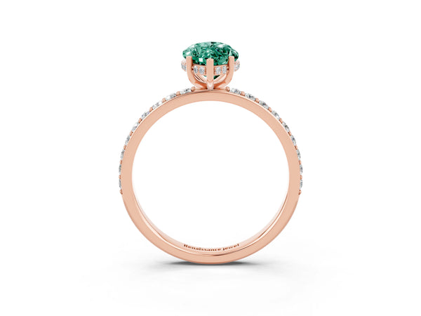 Rose gold Marquise Cut Green Sapphire Solitaire Ring with Pavé Band and Hidden Halo