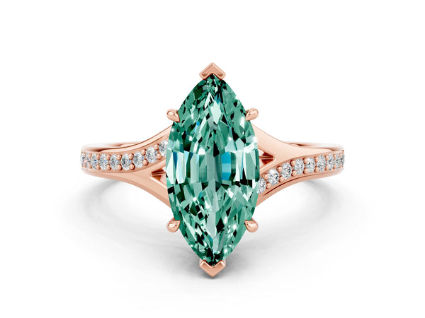 Rose gold Marquise Cut Green Sapphire Solitaire Ring with Pavé Band and Prong Setting