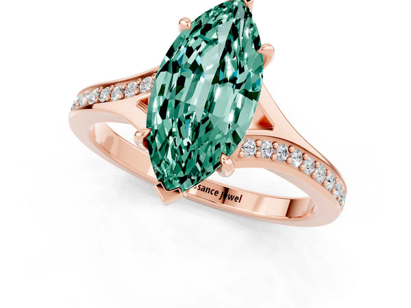 Rose gold Marquise Cut Green Sapphire Solitaire Ring with Pavé Band and Prong Setting