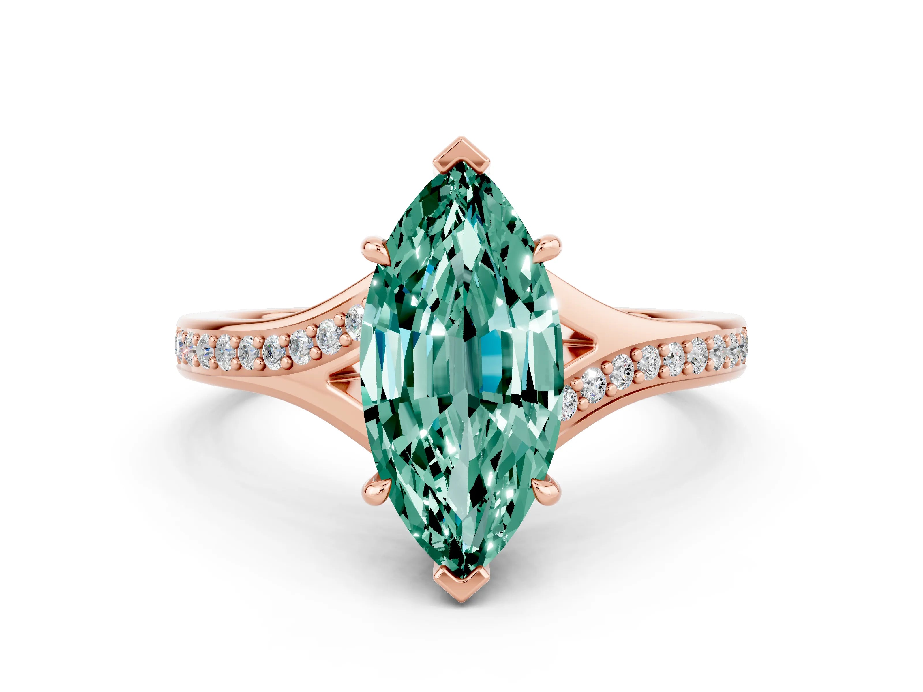 Rose gold Marquise Cut Green Sapphire Solitaire Ring with Pavé Band and Prong Setting_12