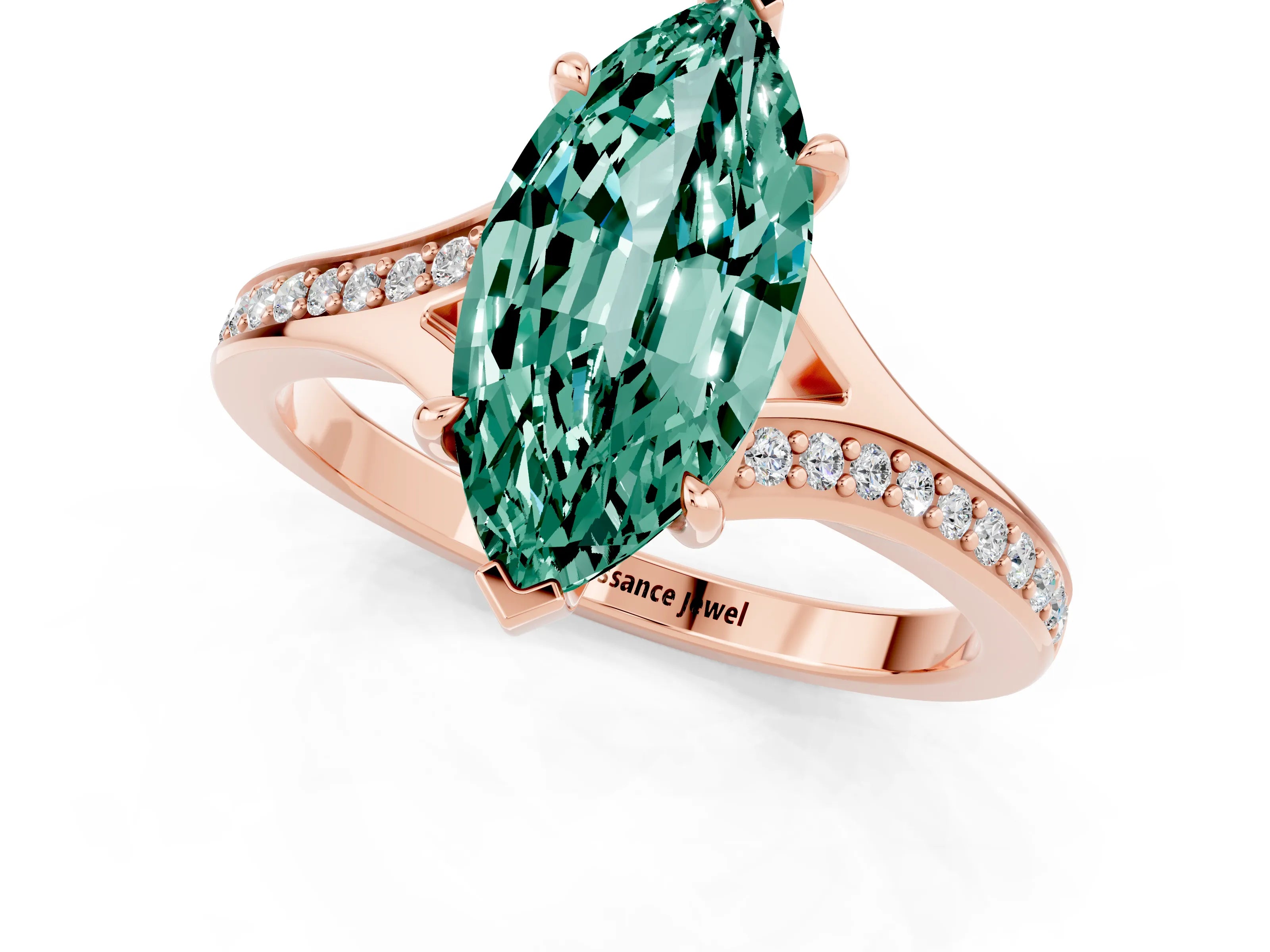 Rose gold Marquise Cut Green Sapphire Solitaire Ring with Pavé Band and Prong Setting_13