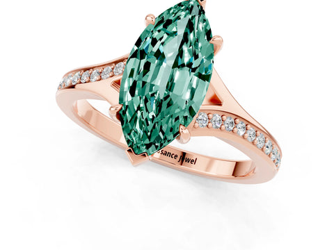 Rose gold Marquise Cut Green Sapphire Solitaire Ring with Pavé Band and Prong Setting_13
