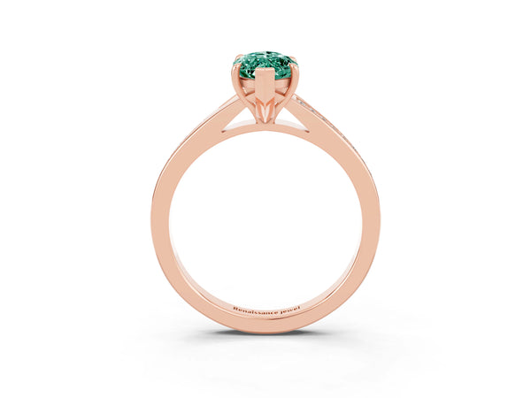 Rose gold Marquise Cut Green Sapphire Solitaire Ring with Pavé Band and Prong Setting