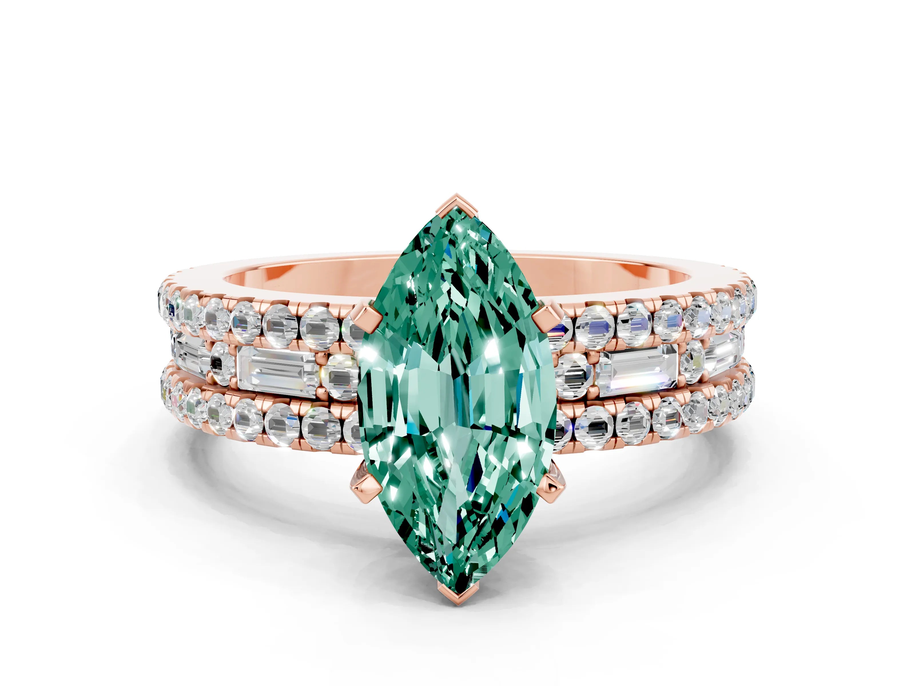 Rose gold Marquise Cut Green Sapphire Solitaire Ring with Pavé and Channel Set Band