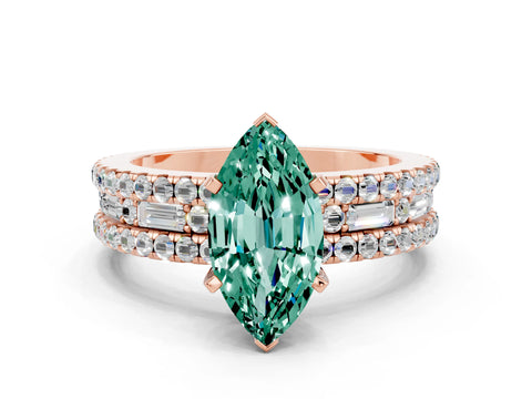 Rose gold Marquise Cut Green Sapphire Solitaire Ring with Pavé and Channel Set Band