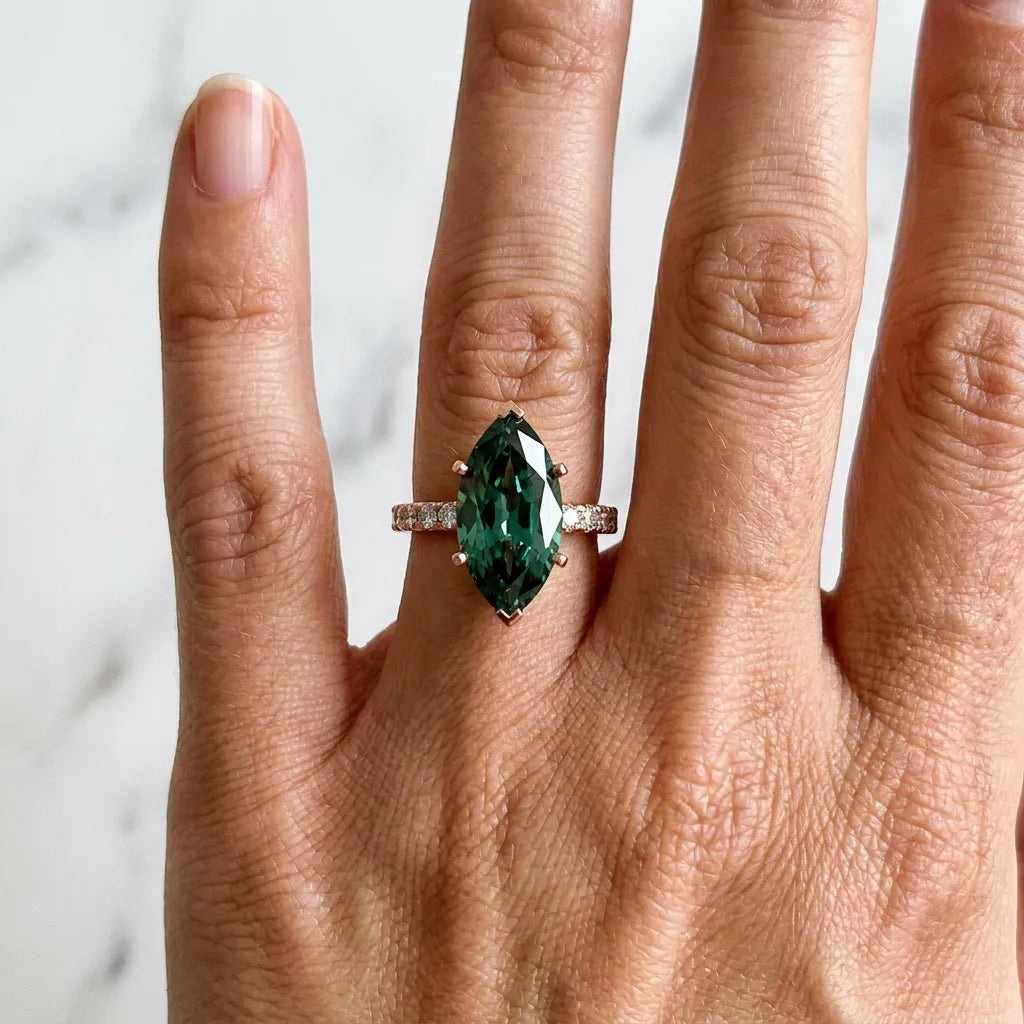 Rose gold Marquise Cut Green Sapphire Solitaire Ring with Round  Pavé Band and Four-Prong Setting_42