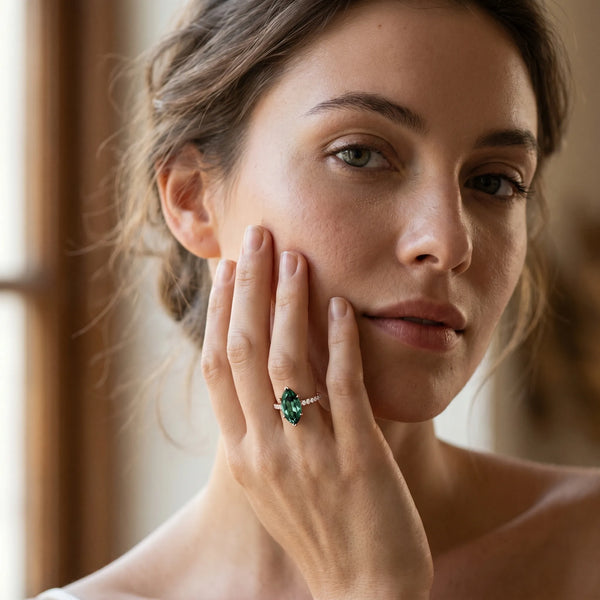Rose gold Marquise Cut Green Sapphire Solitaire Ring with Round  Pavé Band and Four-Prong Setting