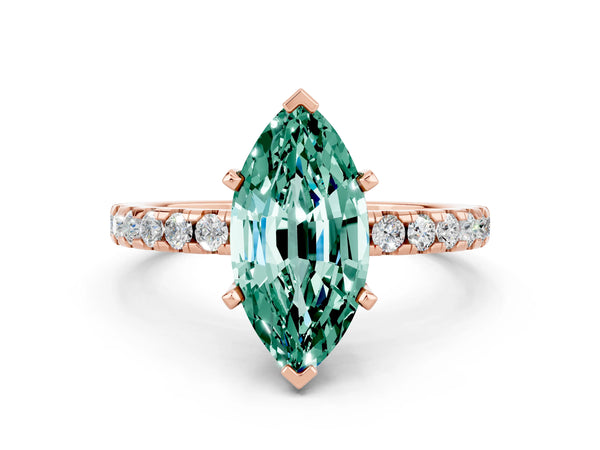 Rose gold Marquise Cut Green Sapphire Solitaire Ring with Round Pavé Band and Four-Prong Setting