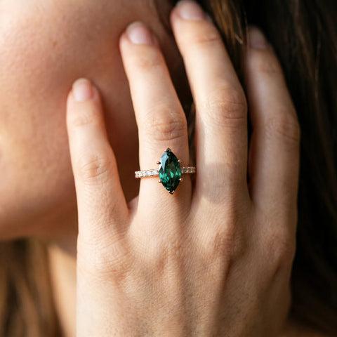 Rose gold Marquise Cut Green Sapphire Solitaire Ring with Round  Pavé Band and Four-Prong Setting_44