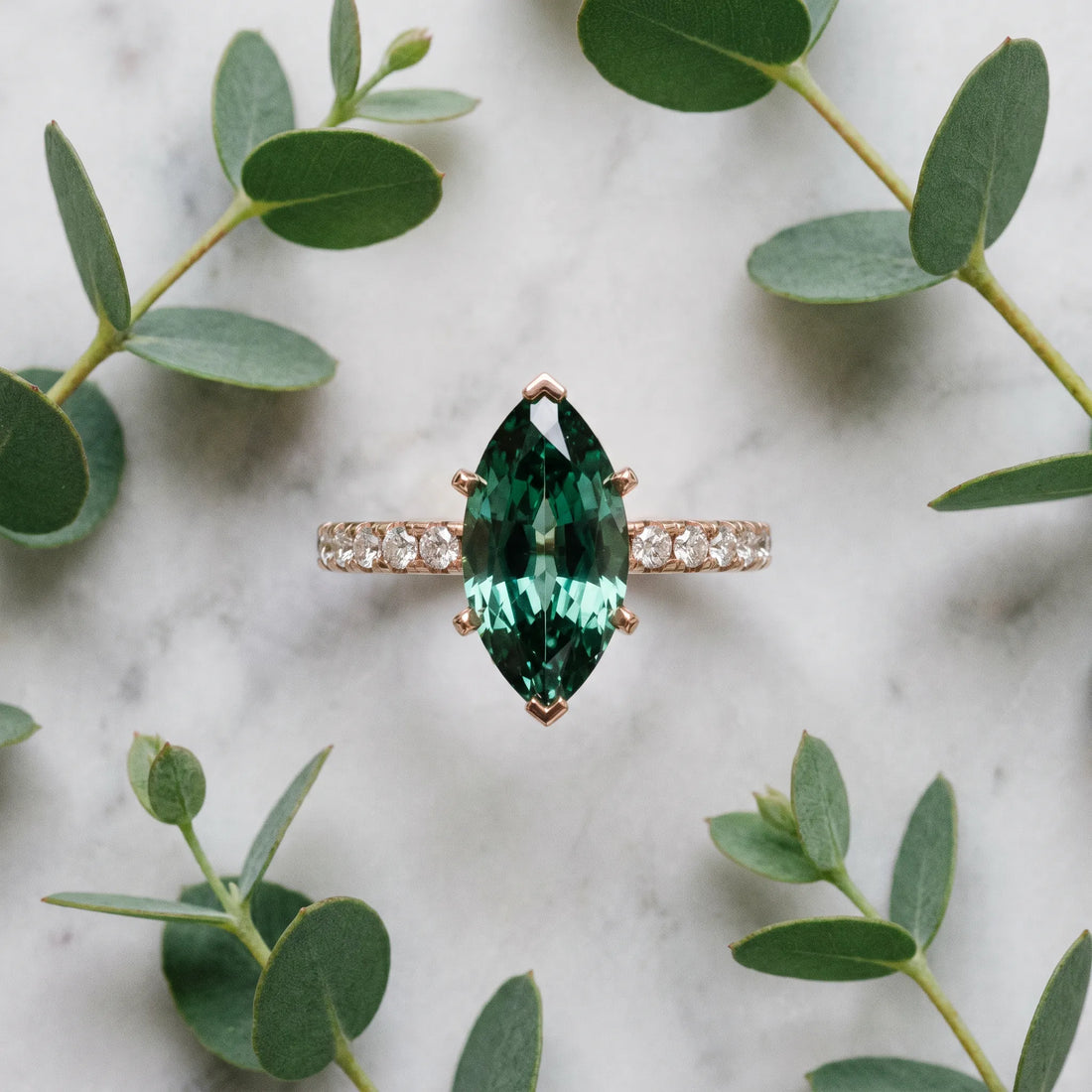 Rose gold Marquise Cut Green Sapphire Solitaire Ring with Round  Pavé Band and Four-Prong Setting_45