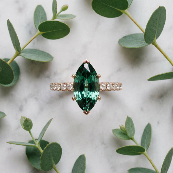 Rose gold Marquise Cut Green Sapphire Solitaire Ring with Round  Pavé Band and Four-Prong Setting