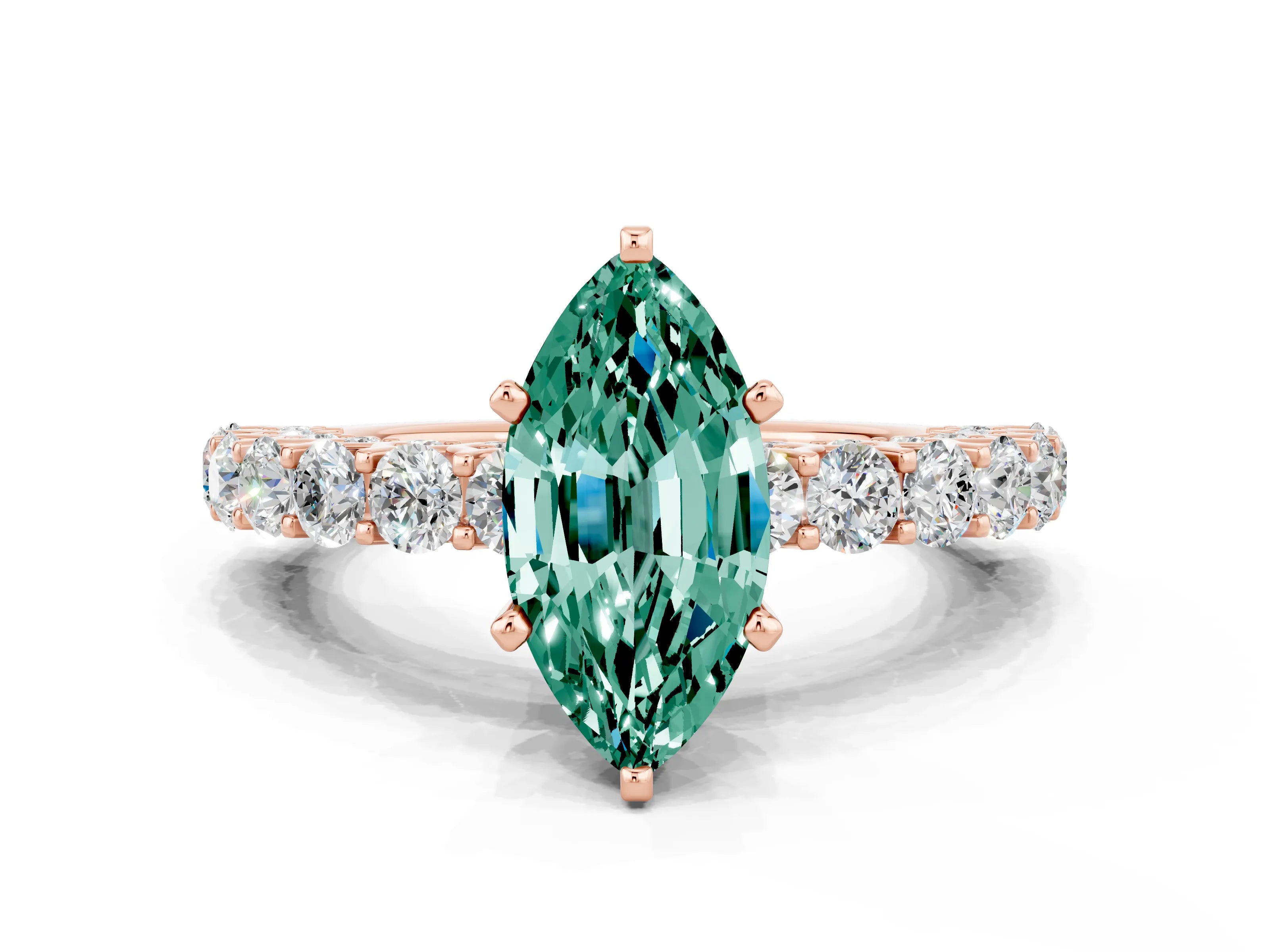 Rose gold Marquise Cut Green Sapphire Solitaire Ring with Shared Prong Pavé Band and Four-Prong Setting