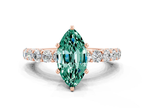Rose gold Marquise Cut Green Sapphire Solitaire Ring with Shared Prong Pavé Band and Four-Prong Setting