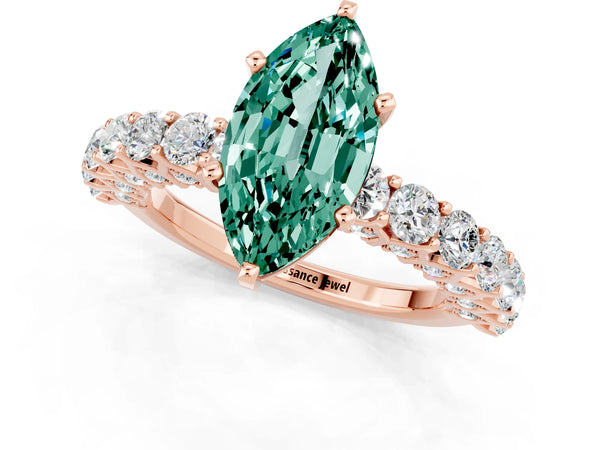 Rose gold Marquise Cut Green Sapphire Solitaire Ring with Shared Prong Pavé Band and Four-Prong Setting