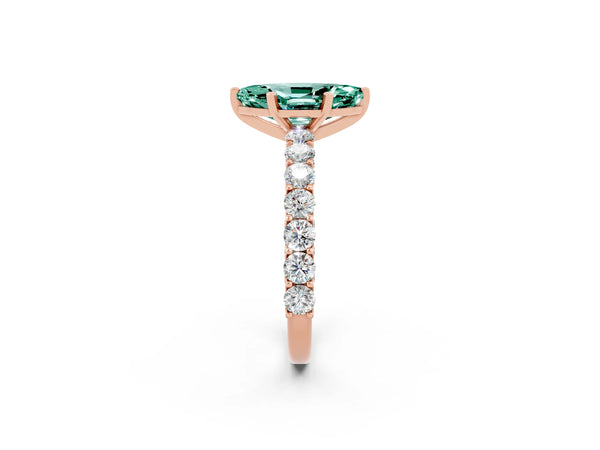 Rose gold Marquise Cut Green Sapphire Solitaire Ring with Shared Prong Pavé Band and Four-Prong Setting