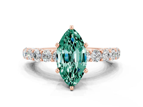 Rose gold Marquise Cut Green Sapphire Solitaire Ring with Shared Prong Pavé Band and Four-Prong Setting