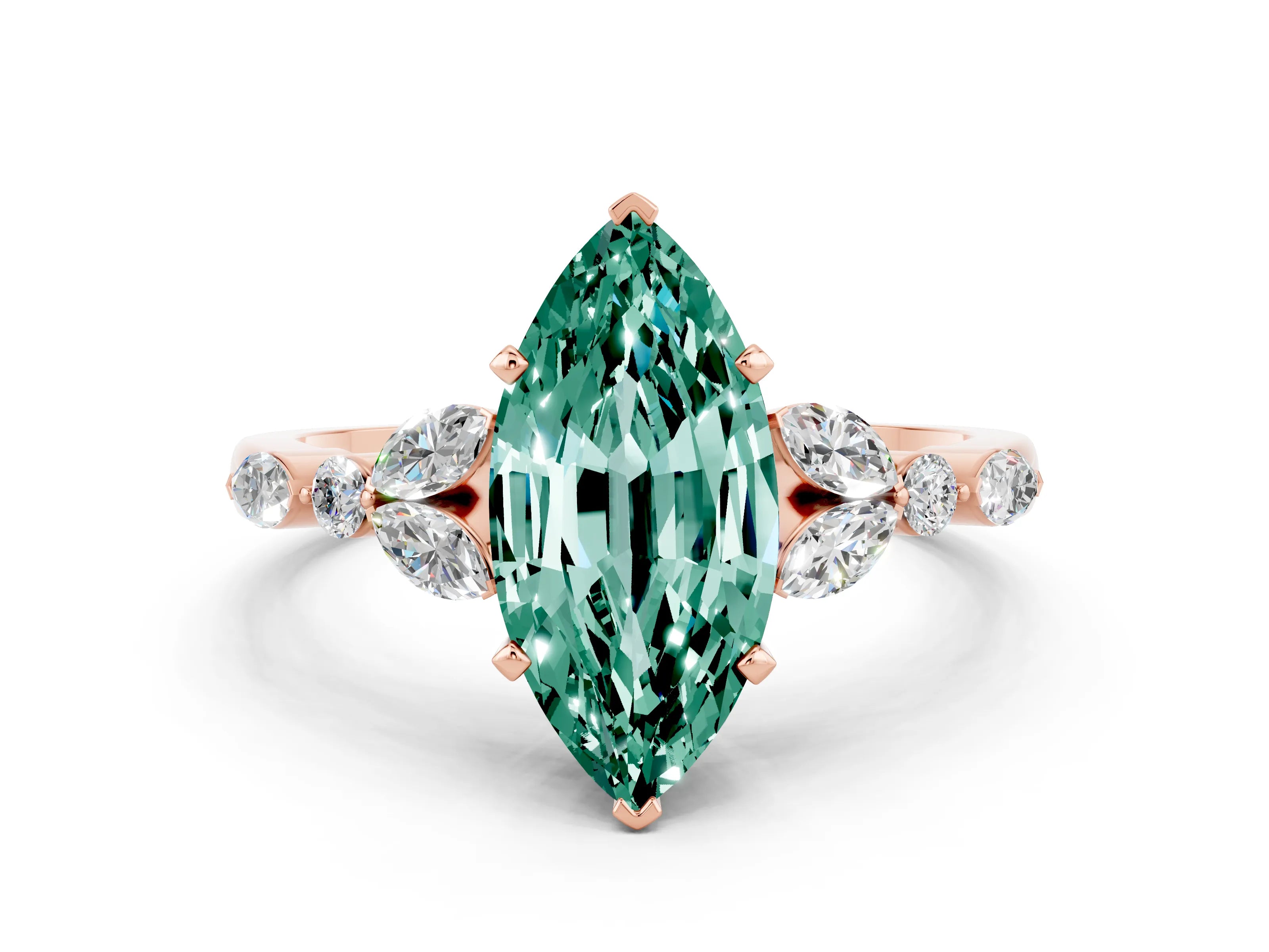 Rose gold Marquise Cut Green Sapphire Solitaire Ring with Side Stones and Four-Prong Setting_12