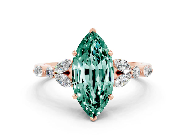 Rose gold Marquise Cut Green Sapphire Solitaire Ring with Side Stones and Four-Prong Setting