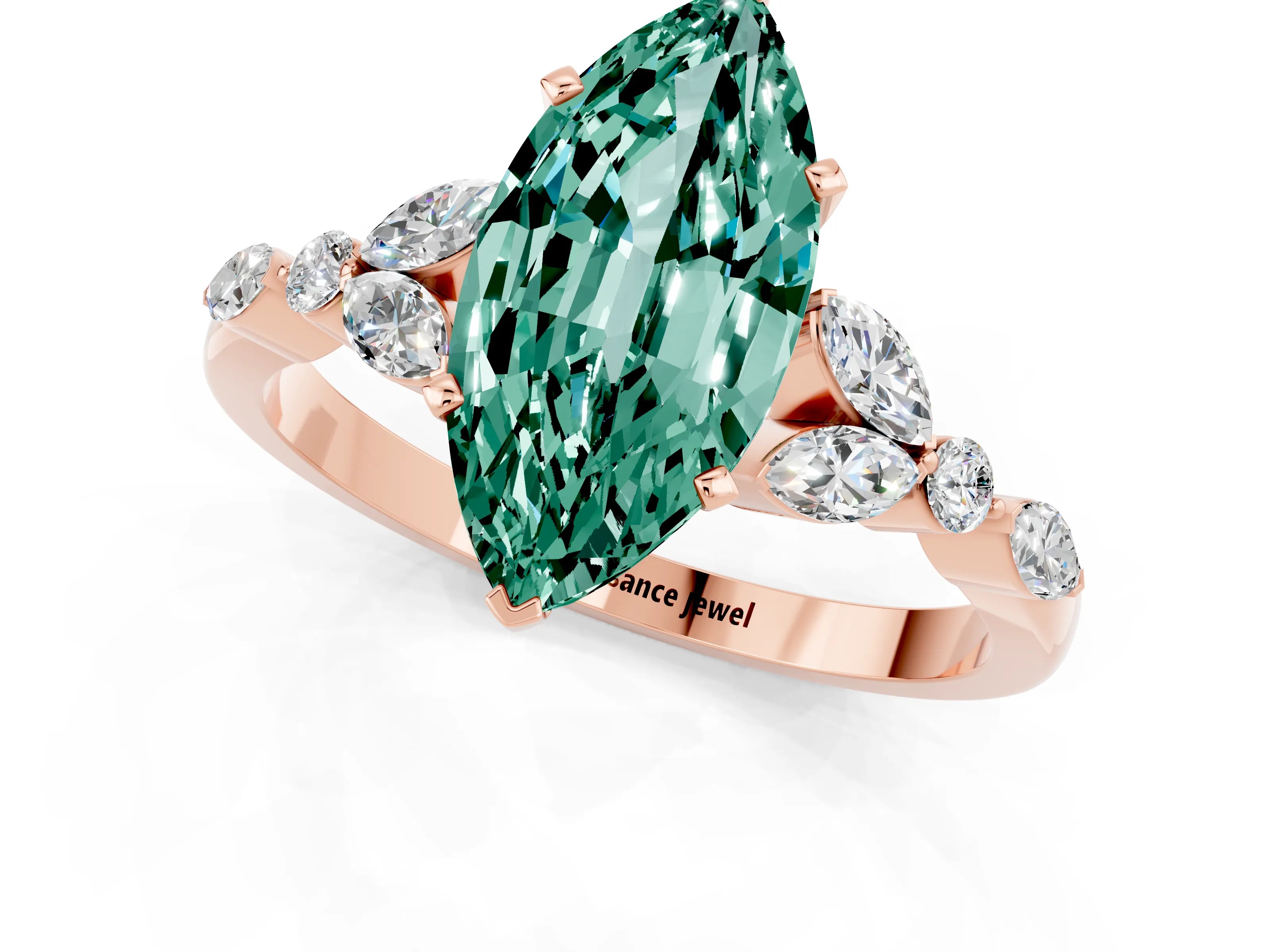 Rose gold Marquise Cut Green Sapphire Solitaire Ring with Side Stones and Four-Prong Setting_13
