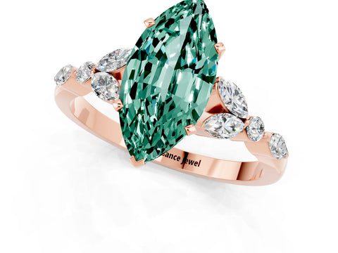 Rose gold Marquise Cut Green Sapphire Solitaire Ring with Side Stones and Four-Prong Setting_13