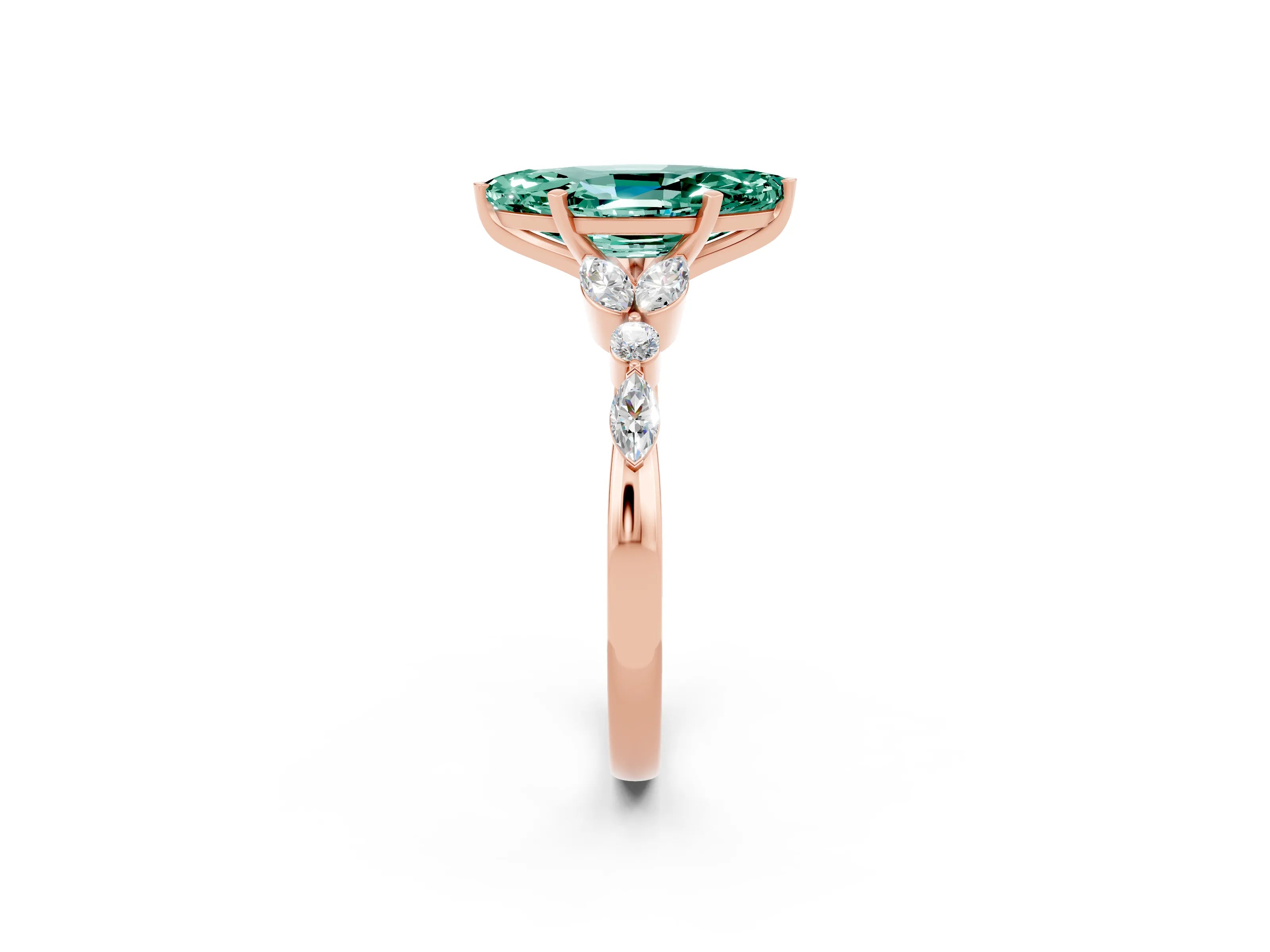 Rose gold Marquise Cut Green Sapphire Solitaire Ring with Side Stones and Four-Prong Setting_14
