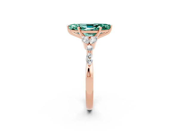 Rose gold Marquise Cut Green Sapphire Solitaire Ring with Side Stones and Four-Prong Setting