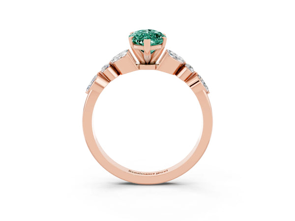 Rose gold Marquise Cut Green Sapphire Solitaire Ring with Side Stones and Four-Prong Setting