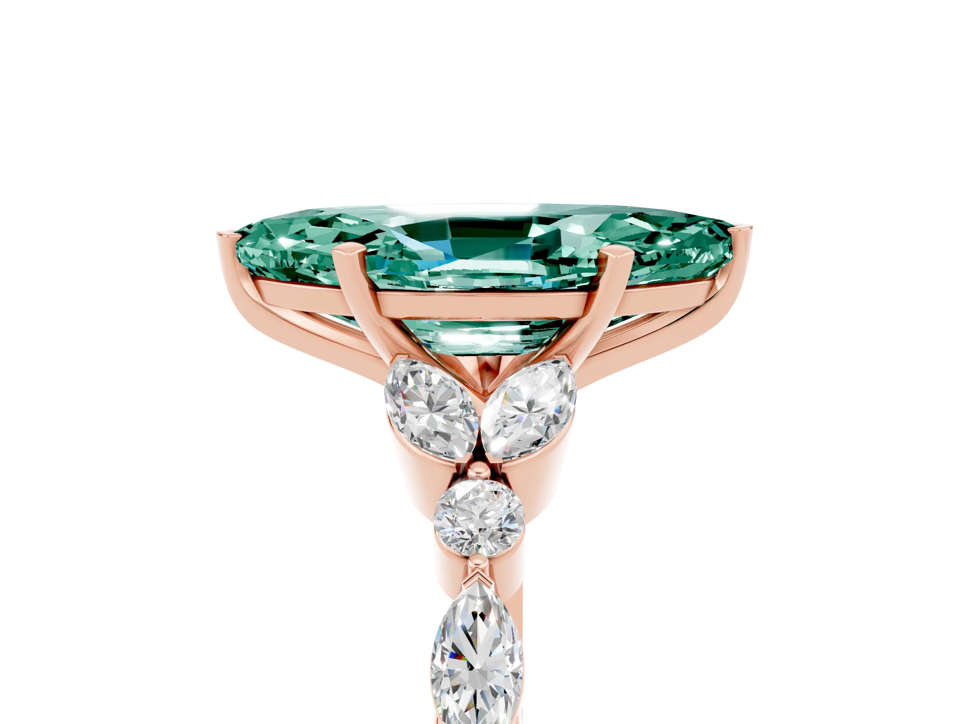 Rose gold Marquise Cut Green Sapphire Solitaire Ring with Side Stones and Four-Prong Setting_17