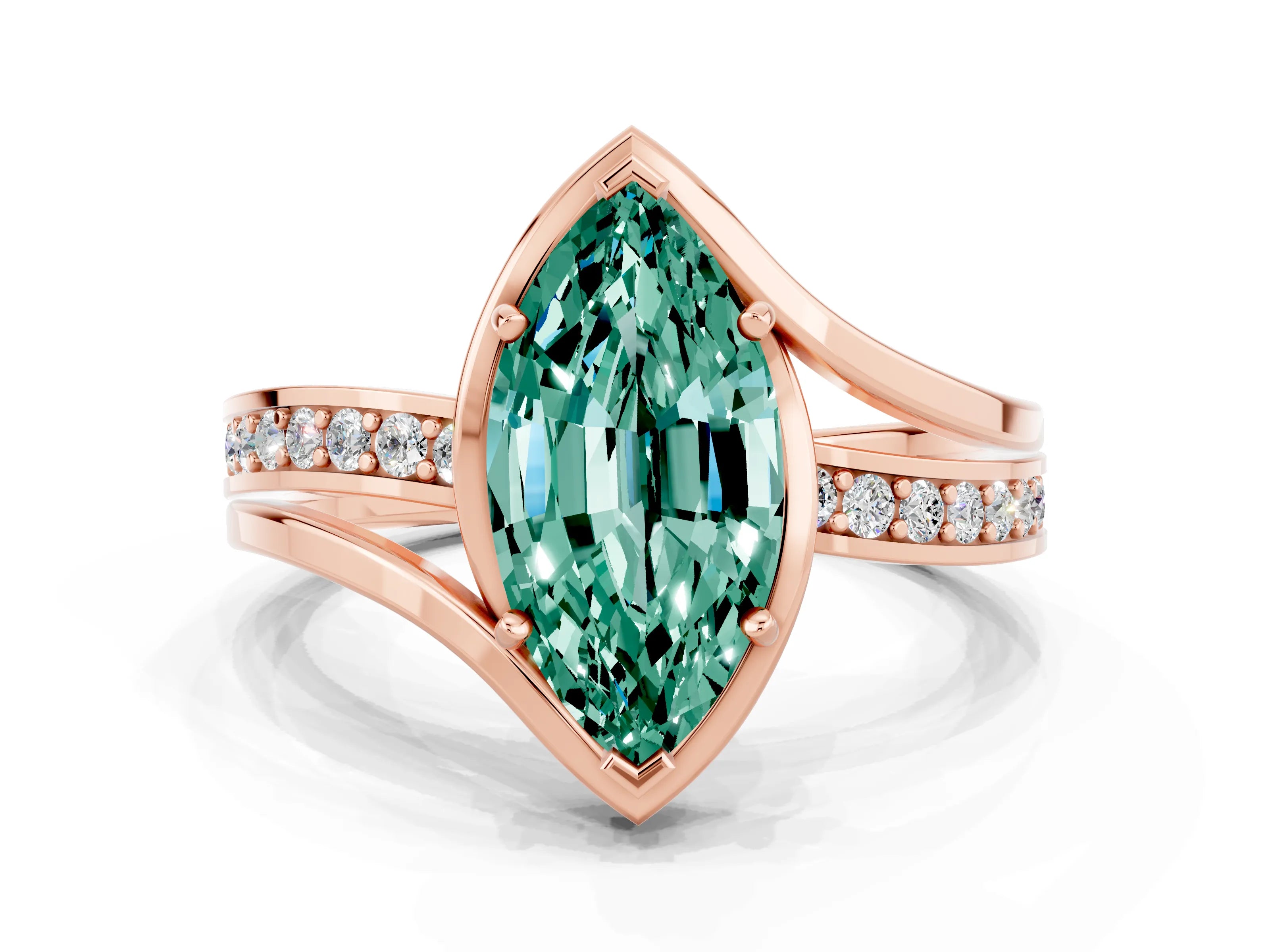 Rose gold Marquise Cut Green Sapphire Solitaire Ring with Split Shank and Prong Setting