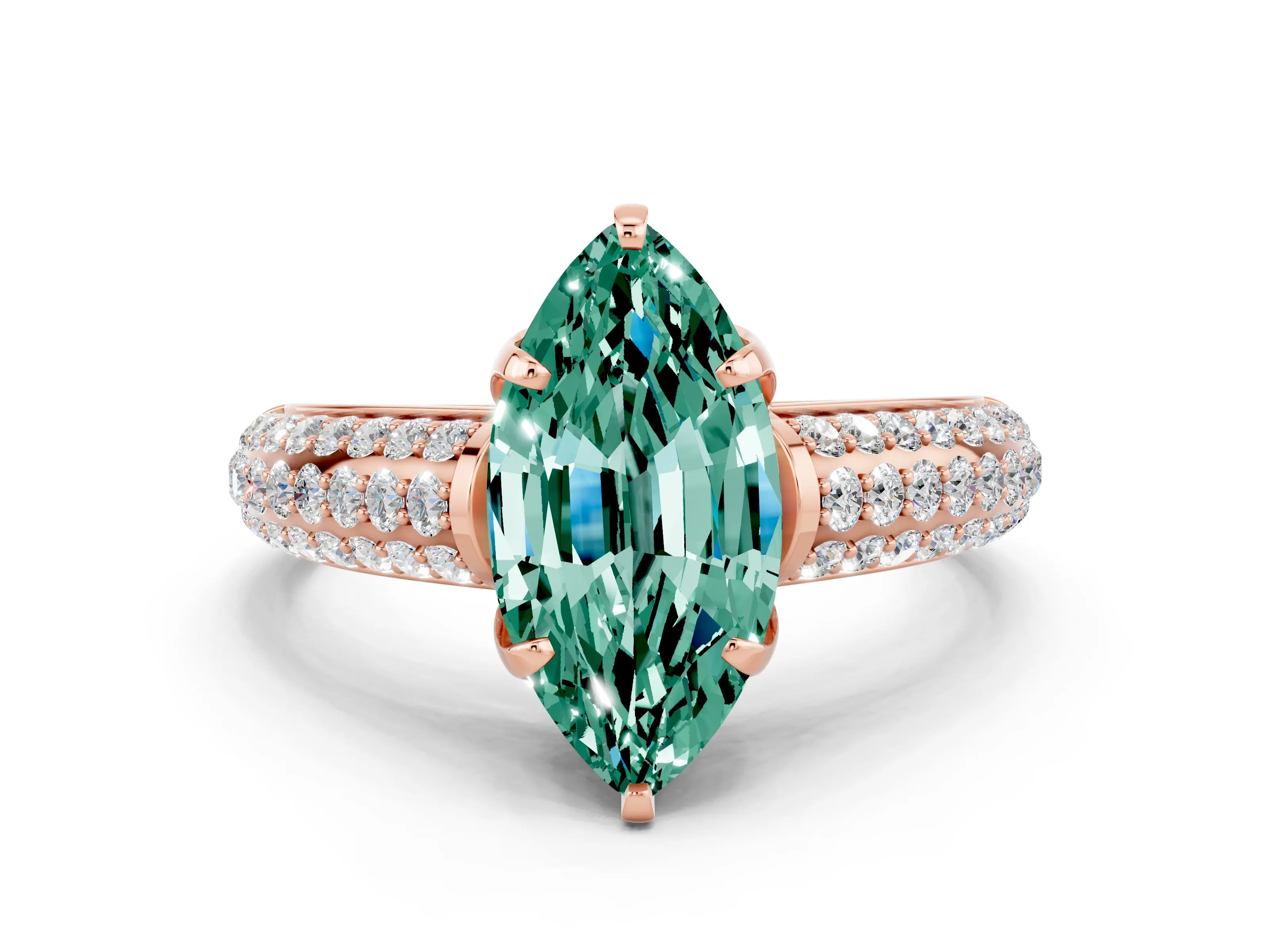 Rose gold Marquise Cut Green Sapphire Solitaire Ring with Three-Row Pavé Band and Four-Prong Setting_12