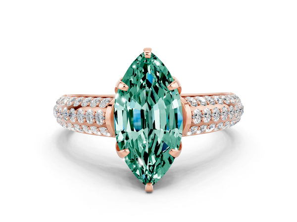 Rose gold Marquise Cut Green Sapphire Solitaire Ring with Three-Row Pavé Band and Four-Prong Setting