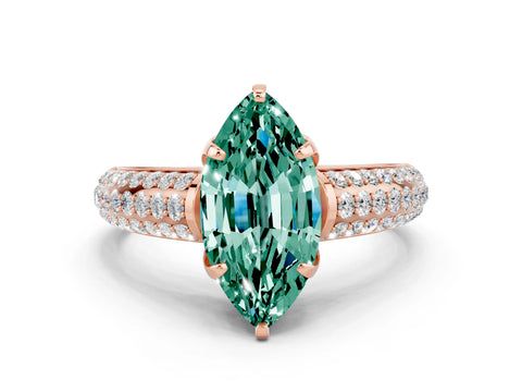 Rose gold Marquise Cut Green Sapphire Solitaire Ring with Three-Row Pavé Band and Four-Prong Setting_12