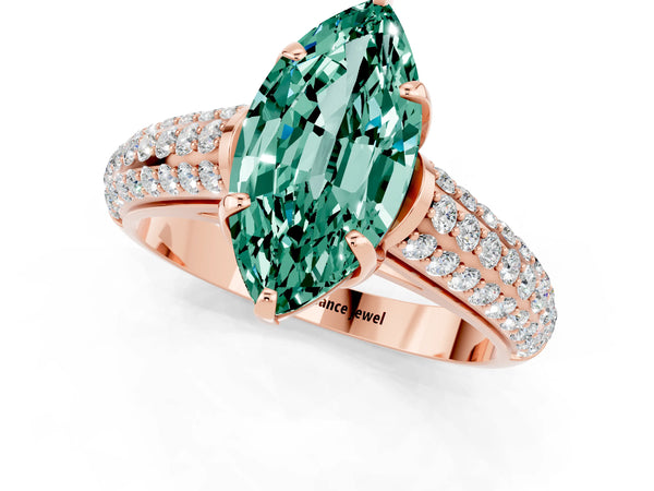 Rose gold Marquise Cut Green Sapphire Solitaire Ring with Three-Row Pavé Band and Four-Prong Setting