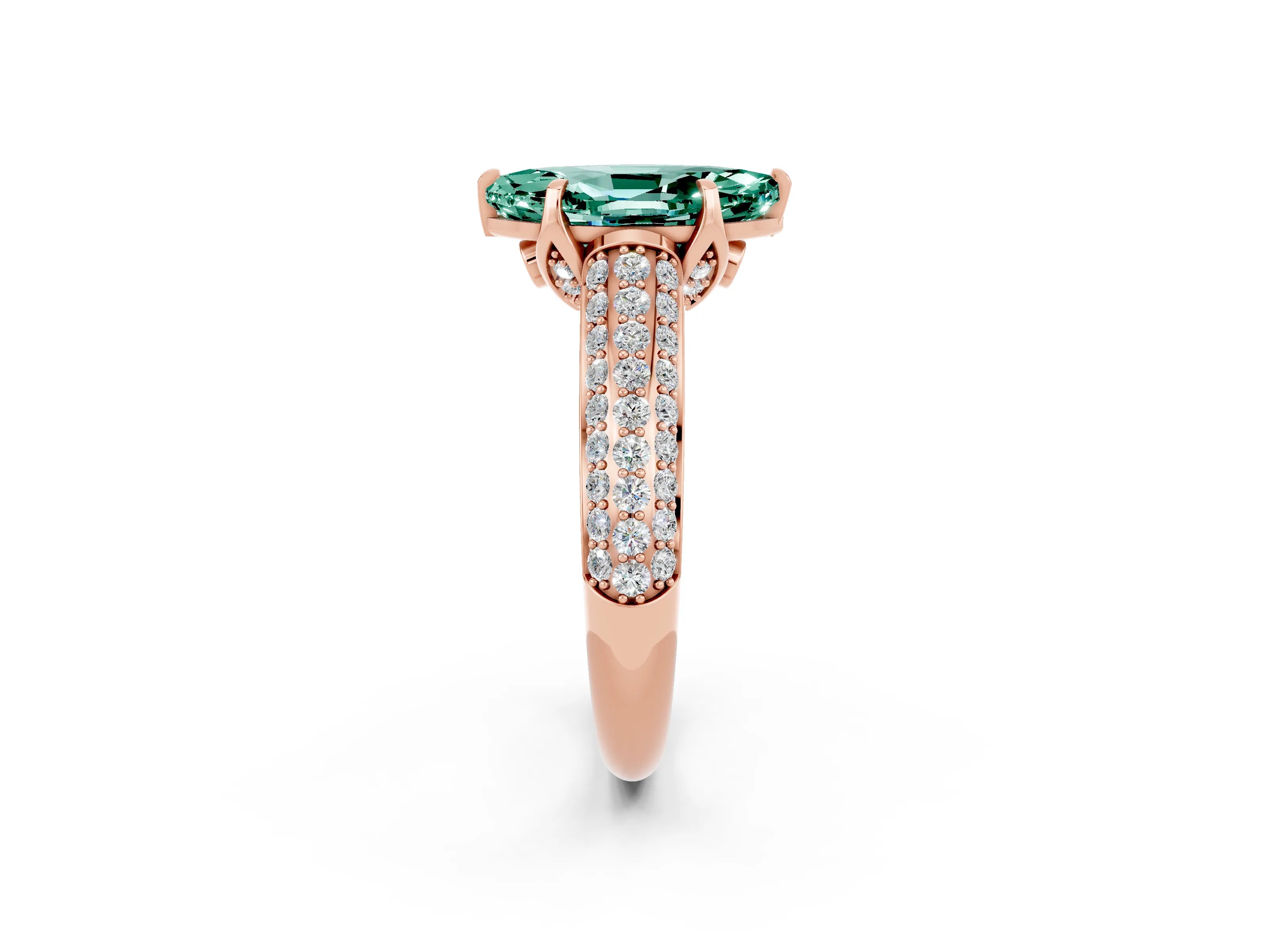 Rose gold Marquise Cut Green Sapphire Solitaire Ring with Three-Row Pavé Band and Four-Prong Setting_14