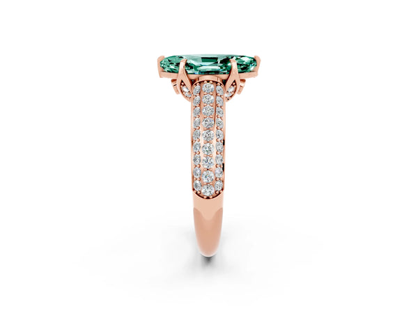 Rose gold Marquise Cut Green Sapphire Solitaire Ring with Three-Row Pavé Band and Four-Prong Setting