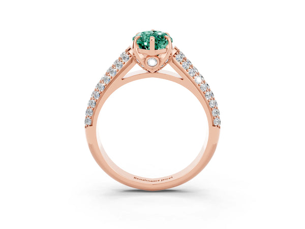 Rose gold Marquise Cut Green Sapphire Solitaire Ring with Three-Row Pavé Band and Four-Prong Setting
